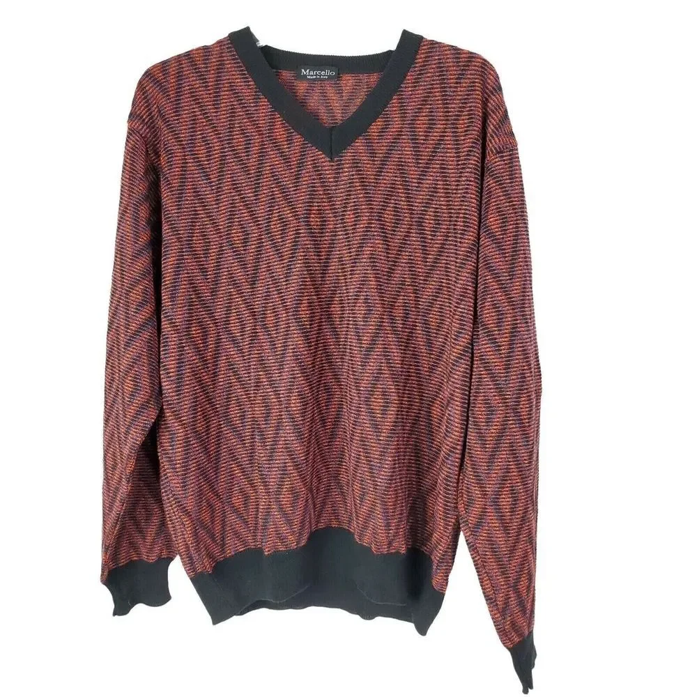 Vintage 90s Marcelo Italy Mens Sweater L Multicolor Knit Cotton Blend‎ LS